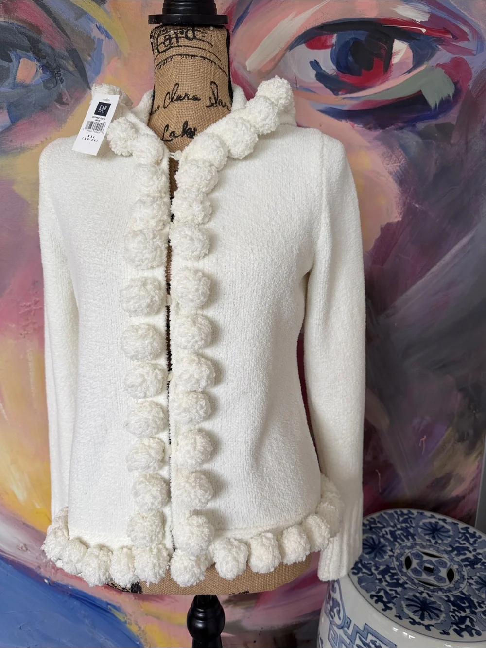 GAP Girl’s XXL Cream Bouclé Hooded Jacket with Pom Trim